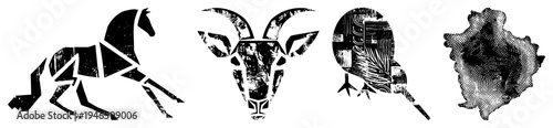 Abstract animal rendered in fragmented shapes, halftone textures, and graphic horse, goat, bird, and wolf vector art for branding or design.