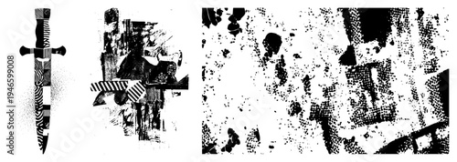 Vector dagger with halftone shading and geometric, stylized human figure in abstract composition, black and white graphic art, isolated silhouette, glyph style design.