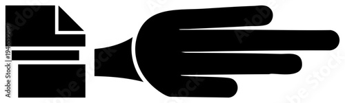 Black silhouette of hand pointing right beside document stack, vector, flat design, business transfer, file handoff, digital delivery, communication symbol.