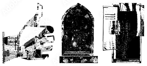 Retro halftone graphic showing a thumbs up hand, gothic tombstone, and open safe isolated vector symbols with gritty texture,, symbolic.