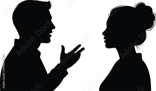 Side profile silhouettes of a man and woman standing back to back representing relationship conflict communication gap or gender identity