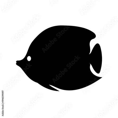 Simple black silhouette of an angelfish with distinct fins and round eye