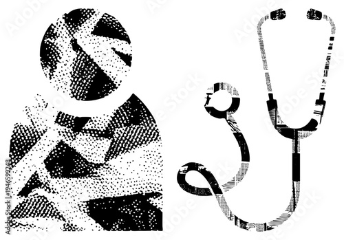 Doctor or nurse silhouette holding stethoscope, halftone dot, medical, healthcare worker, clinical symbol, black and white vector graphic.