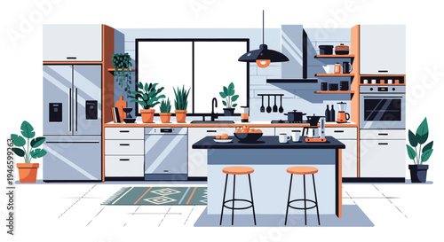 Contemporary kitchen interior with modern appliances, an island, and vibrant green potted plants.