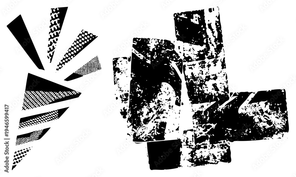 Obraz premium Stylized vector shapes with halftone textures, graphic design elements, abstract art, printmaking motifs, modern composition.