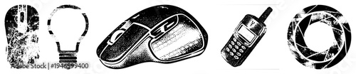 Retro computer mouse, lightbulb, phone, camera lens rendered in halftone, graphic, tech symbols, vector illustration.