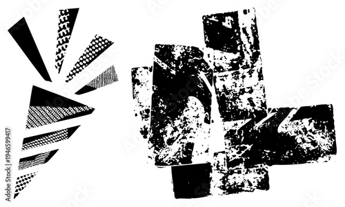 Stylized vector shapes with halftone textures, graphic design elements, abstract art, printmaking motifs, modern composition.