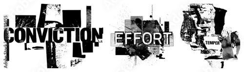 Graphic wordmarks for Conviction, Effort, Temper using distressed block letters, layered halftone textures, urban stencil style, high contrast black and white.
