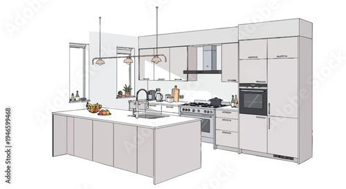 Contemporary kitchen design sketch with island and modern appliances featuring clean lines and functional layout for stylish interior planning