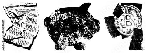 Vintage newspaper with, textured piggy bank, Bitcoin cryptocurrency emblem, vector illustrations, financial savings theme.