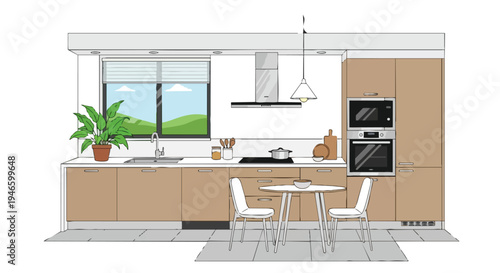 Modern kitchen interior illustration with contemporary design elements, a tranquil green landscape view, and a small dining area perfect for