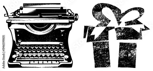 Retro typewriter keyboard and ribbon graphic, vintage writing tool, classic letterpress machine, halftone illustration, creative design assets.