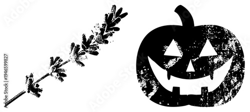 Spooky jack o lantern with triangular eyes and grin, lavender sprig with textured leaves, Halloween decor, grunge vector art, isolated foreground elements.
