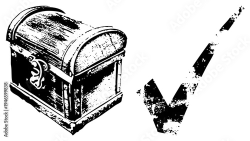Antique wooden chest with curved lid and decorative metal latch, accompanied by a distressed checkmark symbol, vector illustration, black and white halftone style.