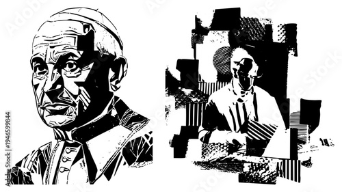 Stylized vector portraits of two men, one in clerical attire, one in suit, rendered with high contrast geometric shapes and halftone textures, isolated vector illustration.