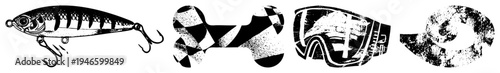 Stylized fishing lure, checkered bone, ski goggles, spiral graphic all isolated vector. Flat design with halftone texture. Fishing tackle, racing motif, protective gear, abstract swirl.