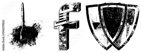 Vintage logo, shield emblem, and shovel symbol rendered in gritty, textured vector art, ideal for retro branding or digital security themes.