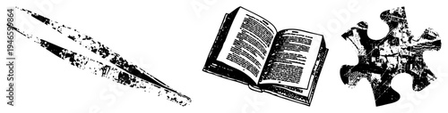 Classic quill pen, open book with text, jigsaw puzzle piece, black and white vector art, grunge texture, educational and symbols.