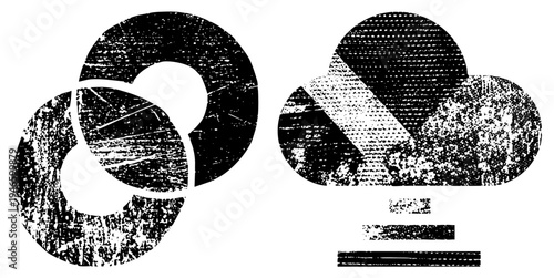 Stylized cloud symbol with halftone texture, abstract interlocking circle graphic, distressed vector design, digital set, aesthetic.
