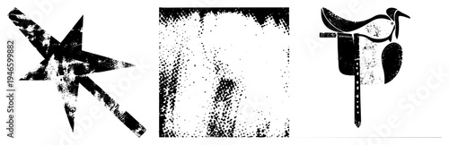 Graphic vector art with starburst, halftone, and bird saddle shapes, design, stylized silhouette, minimalist aesthetic.