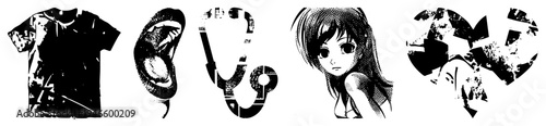 Vector silhouettes of t shirt with glitch, yawning mouth, stethoscope, anime girl, broken heart puzzle halftone style, isolated cutout graphics.