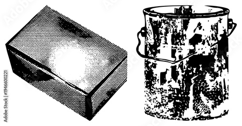 Retro halftone graphic of metal storage box and weathered paint can, industrial tools, craft supplies, vector illustration, black and white, textured surfaces, artistic rendering.
