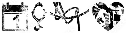 Grunge style calendar, ornate mirror symbol, tangled ribbon knot, pixelated heart collage all vector glyphs with distressed texture and isolated foreground elements.