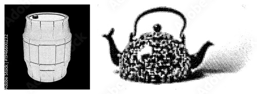 Wooden barrel with metal hoops and vintage teapot with spout and handle, halftone dot art style, isolated vector graphics, classic kitchenware or brewing equipment.