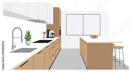 Modern kitchen interior with light wood cabinets, white counters, island, stools, and integrated appliances