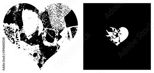 Broken heart graphic with distressed texture, abstract, design, vector art, emotional, digital illustration, symbolic motif.