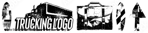 Retro trucking emblem with satchel and directional arrows, distressed halftone style, transport branding, cargo logistics, vector set.