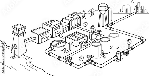 Line art vector of isometric water treatment plant, purification facility and pipeline