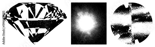 Vector graphic featuring stylized diamond with sharp facets, halftone gradient circle, and fragmented circular motif all in, isolated on transparent background.