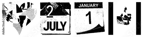 Broken calendar fragments showing July 2nd and January 1st, torn paper design, date markers, halftone, graphic vector art.
