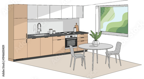 Modern kitchen and dining area sketch with minimalist design, light wood cabinets, and a natural light window