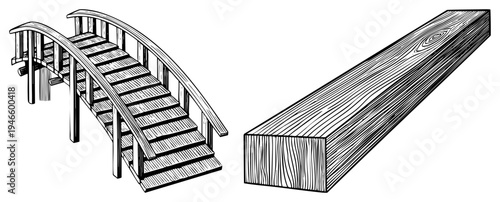 Hand drawn wooden pedestrian bridge with railings, isometric timber beam, architectural sketch, black and white art, structural design.