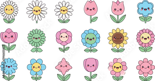 Colorful cartoon flowers with smiling faces