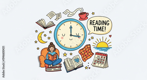 Woman reading a book during reading time with clock and sun moon symbols.