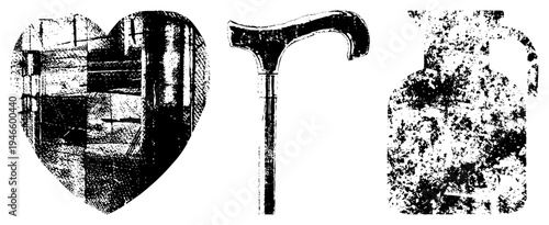 Antique heart shaped frame, classic walking cane, rustic jug, halftone etching, distressed graphic, vector, retro silhouette, aged ink effect.
