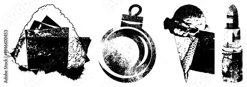 Vector halftone depicting sushi roll, jewelry ring, ice cream cone, and lipstick tube in style, isolated graphic elements.
