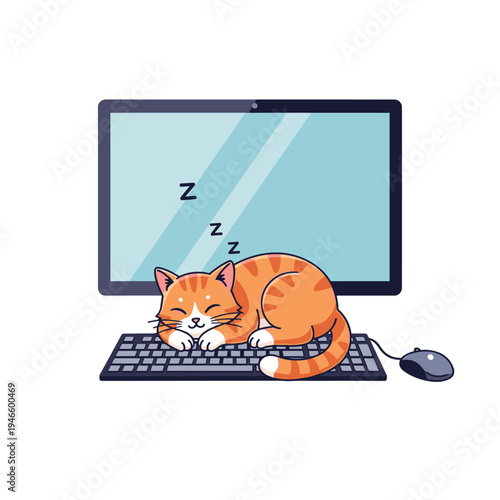 Cute Ginger Cat Sleeping on Computer Keyboard Illustration