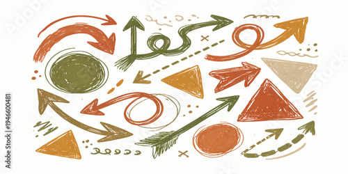 Hand Drawn Boho Arrow and Geometric Shape Set in Earth Tone Colors