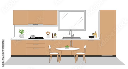 Modern minimalist kitchen illustration: light wood cabinets, white counters, integrated sink, stove, window, small dining table, chairs, ideal for