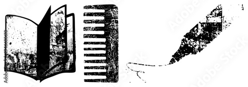 Open book with aged pages, wooden comb with teeth, feather quill pen with ink stain, distressed texture, retro stationery tools.