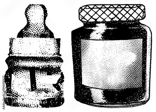 Classic ink bottle with dropper cap and glass jar with lattice lid, artistic tools, retro stationery, calligraphy essentials, halftone illustration style.