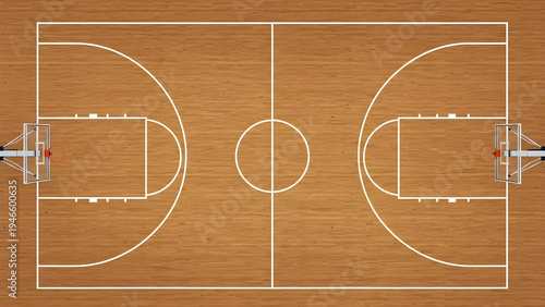 An overhead view of a basketball court with hoop and transparent background