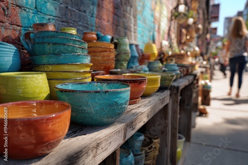 Colorful ceramic wares arranged on rustic shelves beside a mural