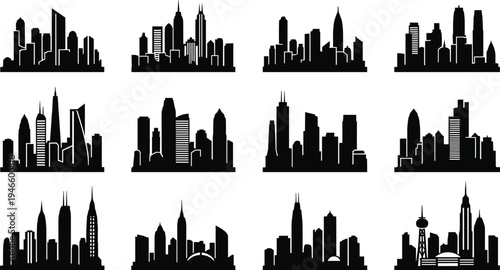 Modern city skyline silhouettes collection with skyscrapers and urban buildings, metropolitan architecture landscape set, black vector illustration of cityscape icons isolated on white background