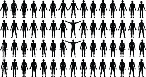 Human body silhouette collection showing male standing poses and gestures, anatomy reference figures set, black vector illustration of people icons isolated background