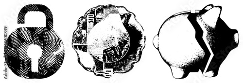 Retro style halftone graphic featuring padlock, coin, and piggy bank symbols, design, financial security set, isolated vector elements.